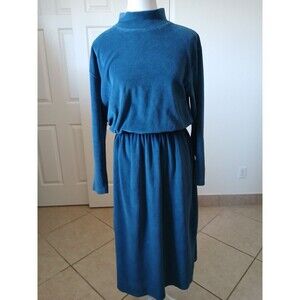 LL Bean Womens Petite M Midi Dress Velvet Blue Long Sleeve Vintage Turtleneck